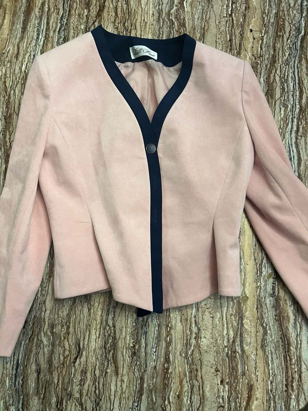 Lilli Ann Vintage Ultrasuede Pink Blazer with Navy Contrast Trim Lg